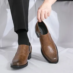 Vintage men's leather shoes brand formal wear business dress work shoes men's plus size booster square toe derby shoes 38-46