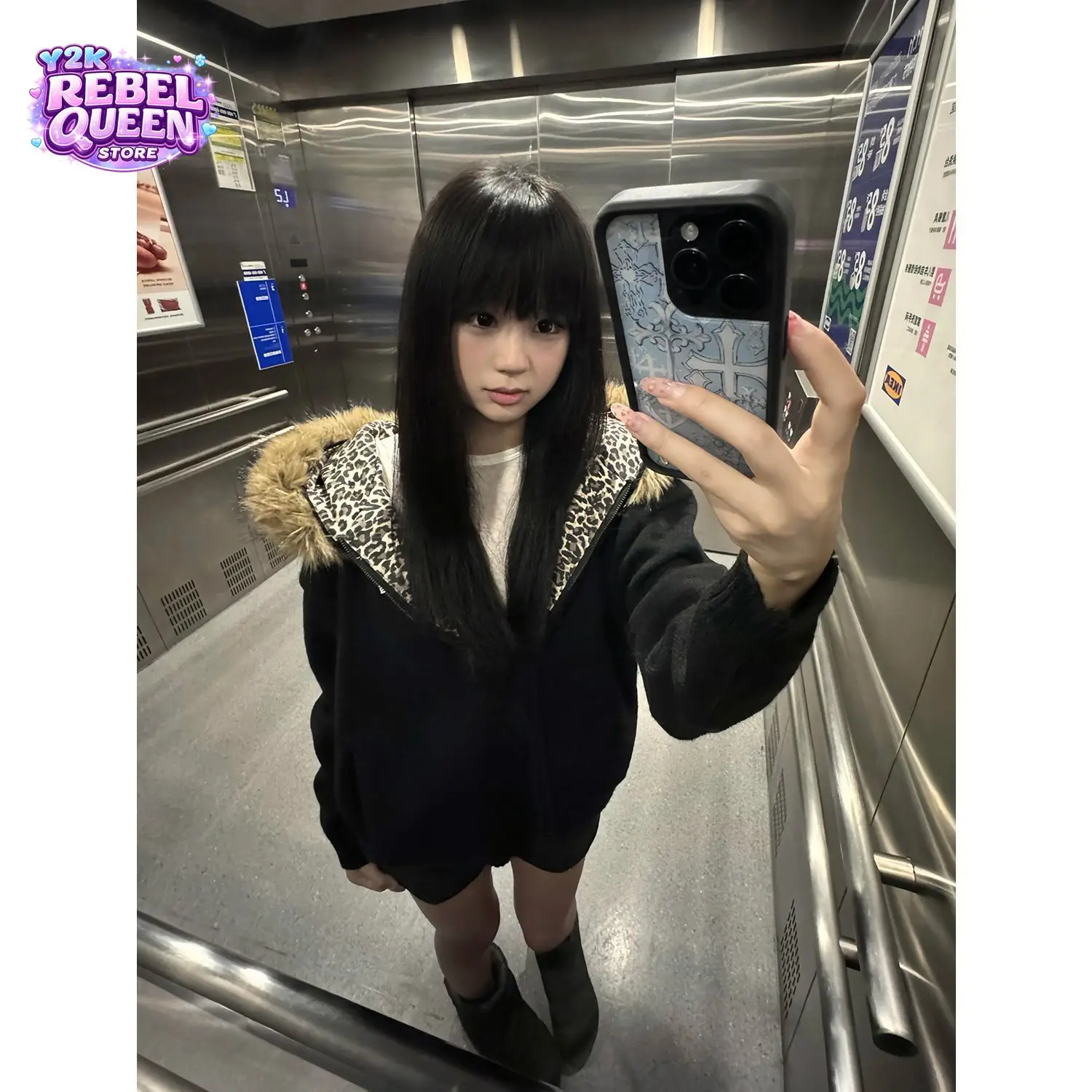 Y2K Streetwear Unisex Zip Up Hoodie Faux Fur Trim Leopard Print Lining Fleece Lined Oversized Loose Fit Casual Winter Outfit