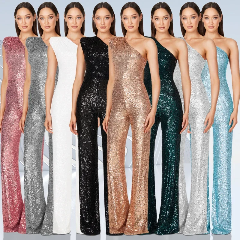 

Women Elegant Long Jumpsuits Sexy Glitter Sequin Club Ladies Playsuits Slanted Collar Party Fashion Backless Solid Romper 2024