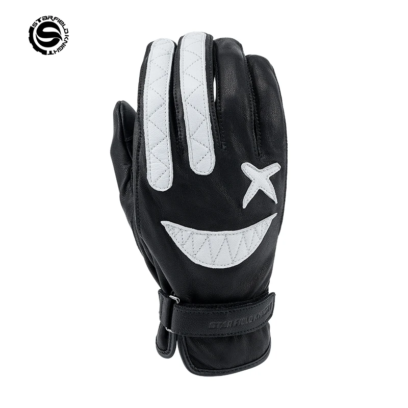 SFK Vintage Black&White Motorcycle Gloves Real Goat Leather Summer Breathable Anti-slip Wear-resistant Touch Screen Riding Gears