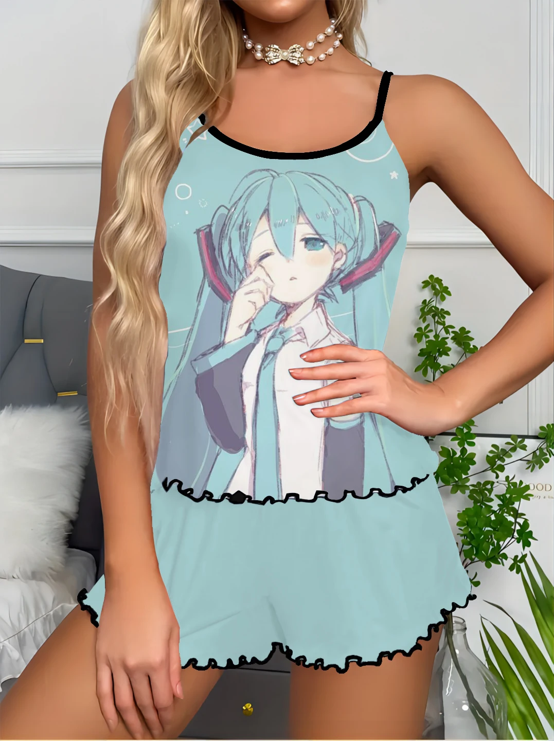 Hatsune Miku series anime cute cartoon sweet casual comfortable ladies suspender suit rhyme silky girls home clothes