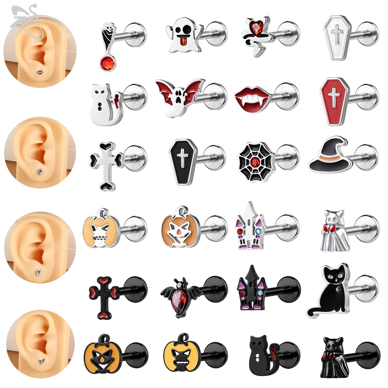 ZS 1PC 16G 316L Edelstahl Lippe Labret Piercing Fledermaus Schloss Spinne Form Lippe Ring Tragus Silber Farbe helix Ohrring Schmuck