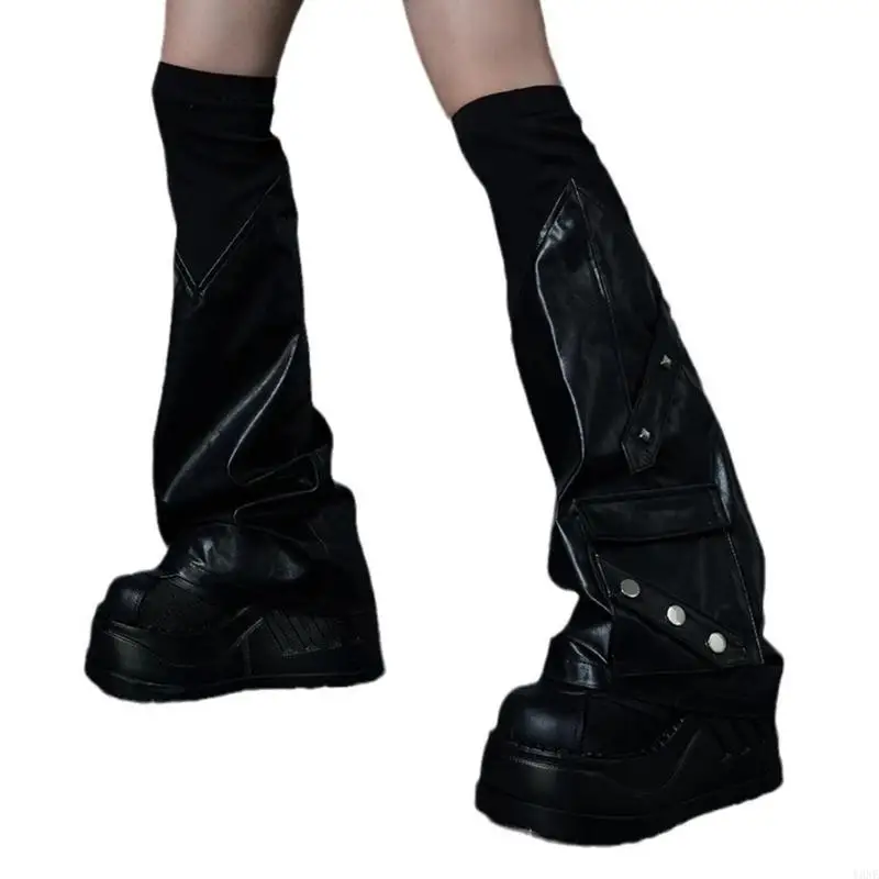 Y3NE Womens Punk Over Knee Ribbed Top Leather Leg Warmers with Rivets Studded Flared Harajuku Baggy Boot Cover Footless Socks