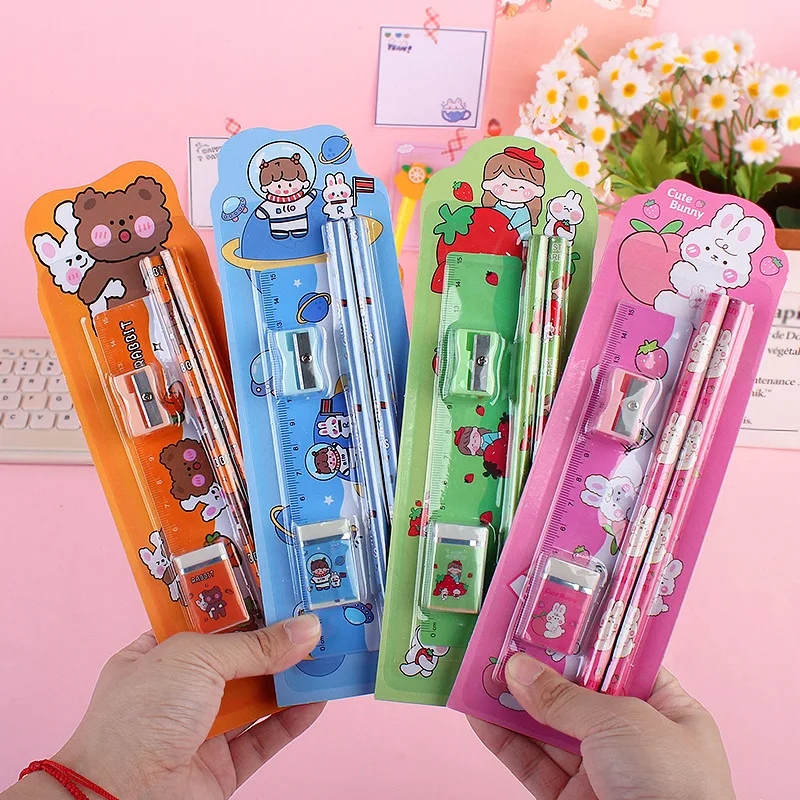 

5Pcs/set Cute Rabbit Bear Pencil Set with Ruler eraser sharpener pencil Kawaii child Children's Pencils Gift School Supplies