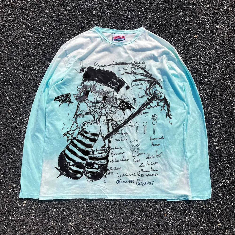 Dark Series Anime Girl Curious Scythe Vintage Dirty Long Sleeve T-Shirt Top by Wang Studio Handmade Unique Cultural Apparel
