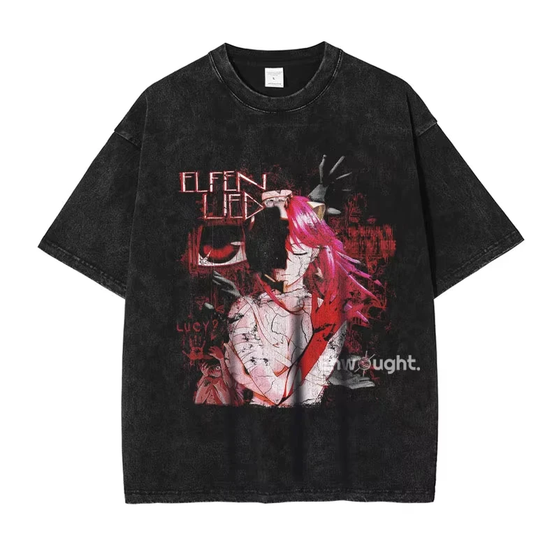 Camiseta de Anime Elfen Lied, Estilo Vintage Lavado, Diseño Y2K, Manga Corta, Talla Grande, Ropa Casual, Oferta de Verano 2026