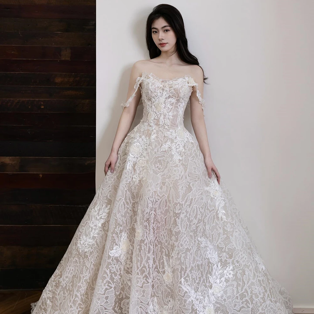 맞춤형 오프숄더 레이스 웨딩드레스 섹시한 백리스 지퍼 A라인 신부 드레스 베이지 아플리케스 플로어 길이 드레스