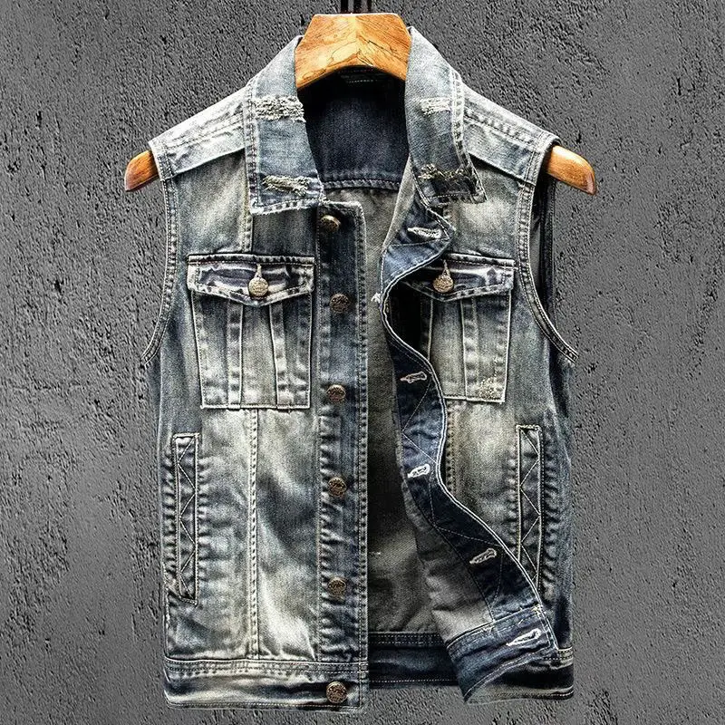 New 2025 Korean Style Men's Casual Black with Single-Breasted Stylish Cowboy Waistcoat Summer Cotton Denim Jeans Coat Vest