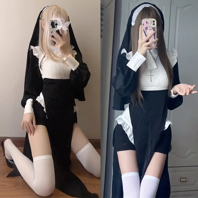 Anime role-playing nun costume Halloween party role-playing costume adult nun dress black fancy role-playing