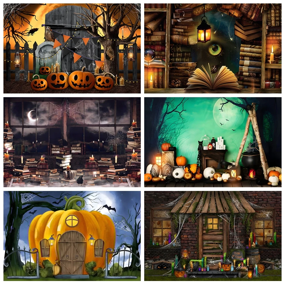 

Halloween Backdrop Horror Night Moon Pumpkin Eyeball Bookshelf Scary Castle Skull Children Portrait Photography Background Decor