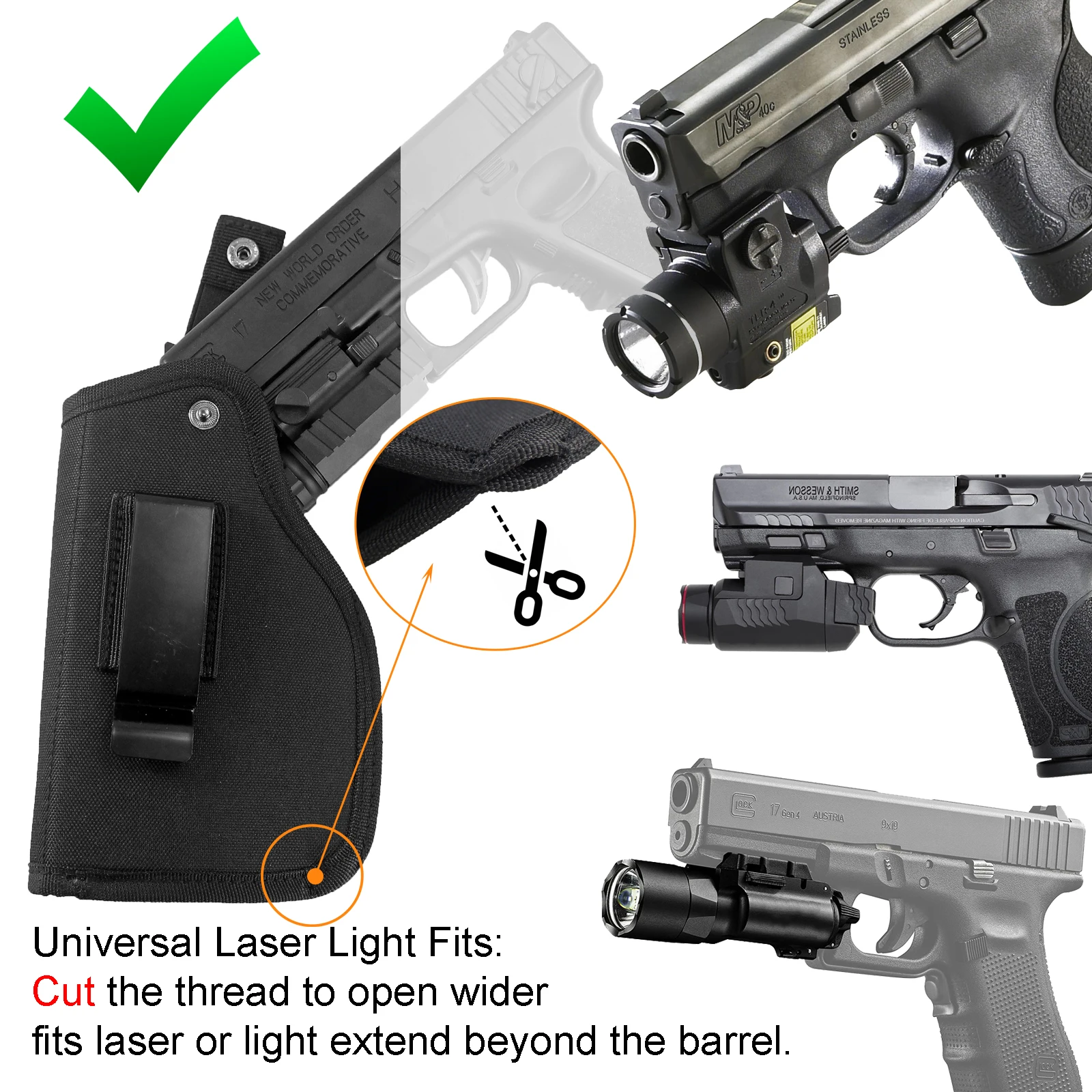 Kabura na pistolet z latarką lub laserem Pasuje do Glock 19 17 Taurus G3C G3 9 mm Sig Sauer S&W M&P Shield Ruger Springfield