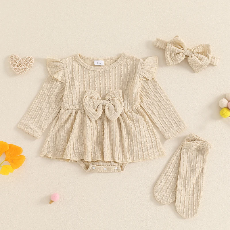 Newborn Items Clothes Baby Girls Ribbed Set Ruffled Trim Long Sleeve Romper with Bow and Headband Stockings Adorable Outfits