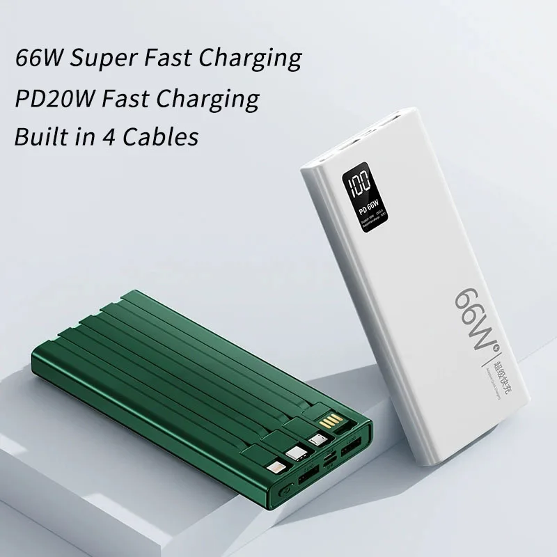 

Power Bank 20000 мАч Внешняя запасная батарея 66 Вт Портативное зарядное устройство для быстрой зарядки для iPhone Xiaomi Samsung Powerbank Встроенный кабель