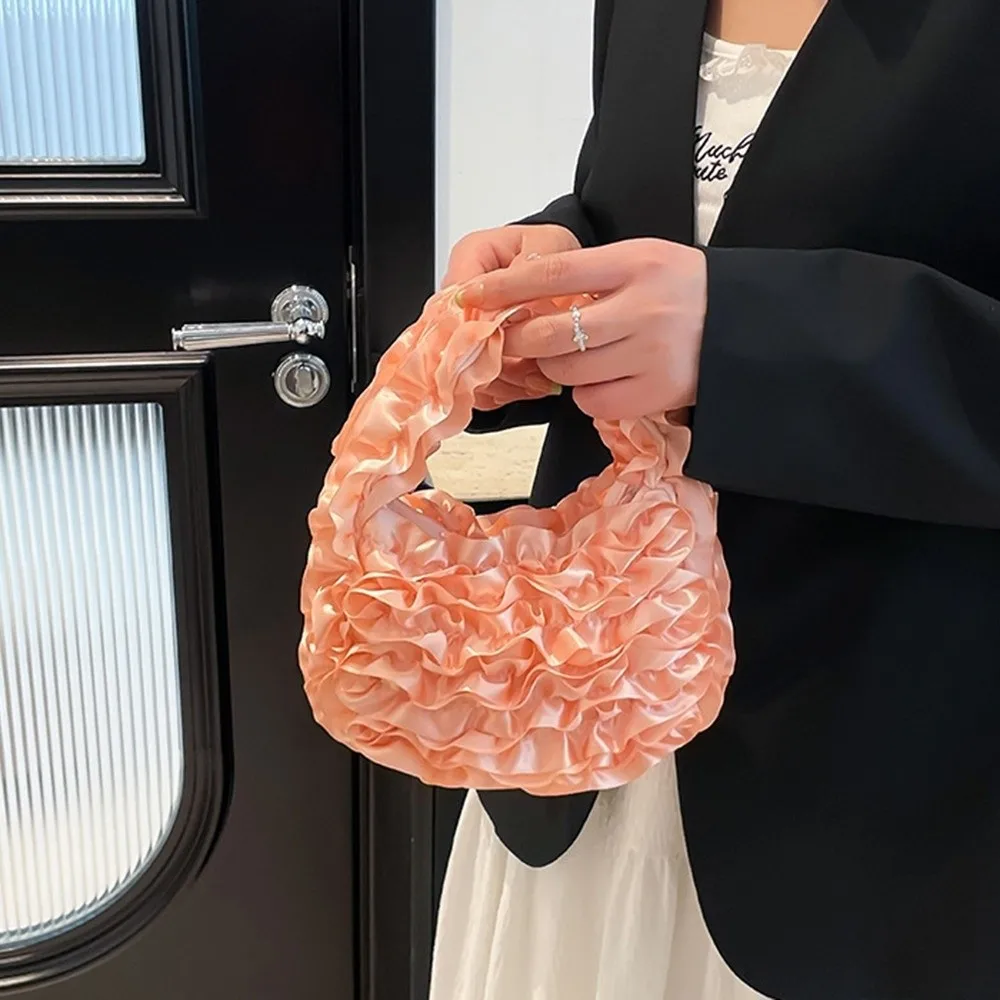 Bolso clásico de pétalos de rosa dulce y dulce, bolso de mano con flores elegantes y suaves, bolso plisado de encaje de nube fruncido con retazos de encaje, bolso de trabajo