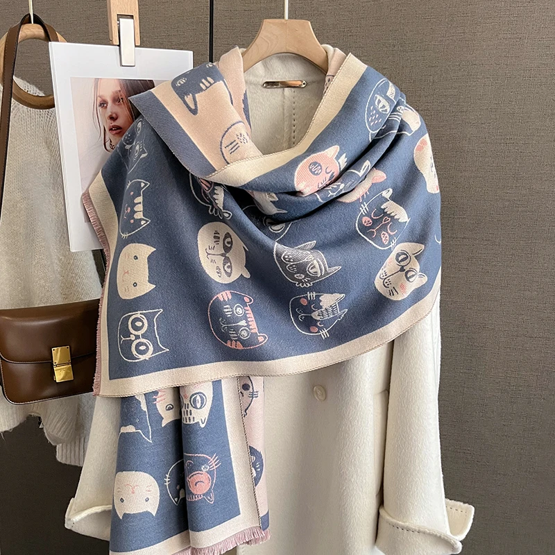 Autumn and Winter Travel Warm Cashmere Shawl Scarf Fashion Women Cat Print Pashmina Blanket Wraps Female Cute Poncho Bufanda