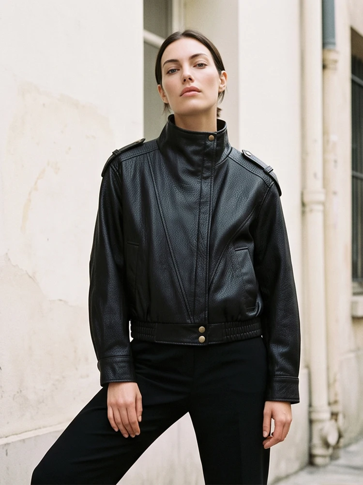 Women Chic Black Faux Leather Jacket Zip Up Stand Collar Long Sleeve Padded Shoulder Moto Biker Coat Spring Autumn Daily Outfit