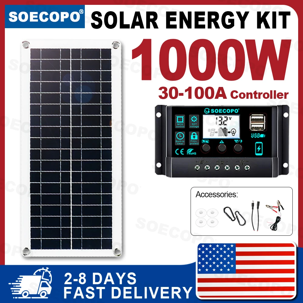 Panel Solar de 1000W y 12V con controlador de 60A/100A para RV, coche, barco, Camping, cargador USB al aire libre y mantenedor de batería