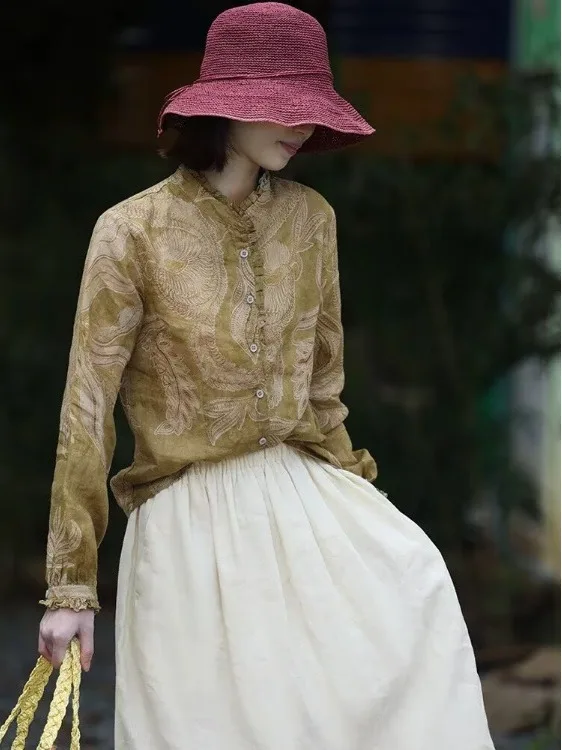 

Retro Floral Print Flax irt Large Size Women's Faion Wooden Collar Long Sve Single Button Open Cardigan Spring 2026
