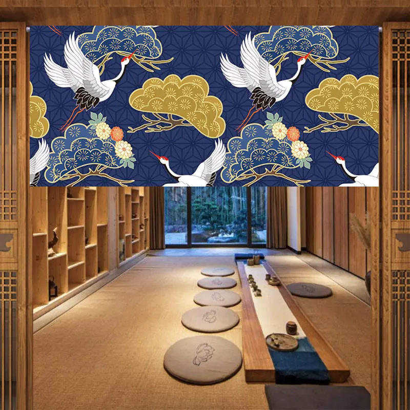 VIKAMA Japanese Ukiyo-e Crane Noren Door Curtain Velcro Punch Free
