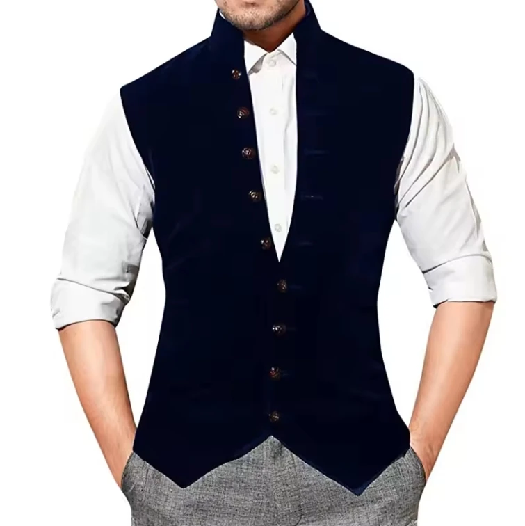 Мужской костюм, жилет, бархатный однобортный свадебный жилет с воротником-стойкой для жениха, приталенный жилет без рукавов в стиле стимпанк для мужчин, жилет