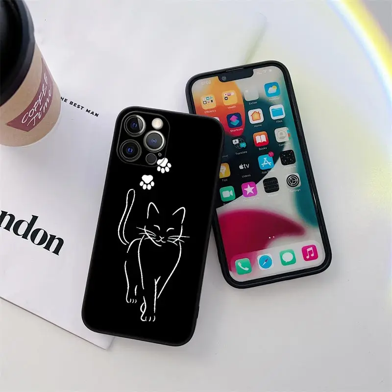 Black Cat Line Phone Case for iPhone 11 15 16 Pro Max Case Coque 14 Plus 13 Pro 12 Mini 11 X XS 16 8 SE2020 15Pro TPU Soft Cover