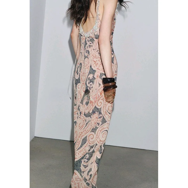 Vestido F de Verão com Decoração em Camadas, Decote em V, Sem Mangas, Estilo A-line, Estampa, Vestido E de Cint...