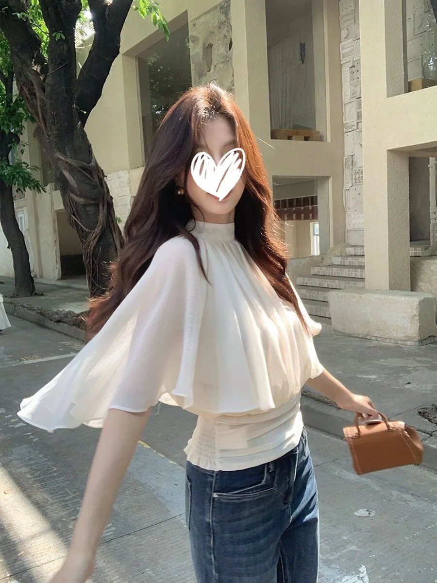 

Elegant round Neck Cape Sleeveless Women's Shirts Slimming Tops Summer Fashionable Polyester Short Sleeve Breathable Skin-Fri...