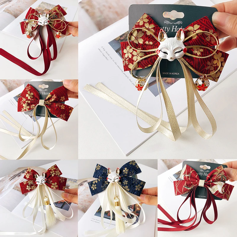 Exquisite Japanese Fox Bow Tassels Ribbon Hair Clip Headwear Girl Cartoon Hairpin Hanfu Cosplay Clothing Accessories