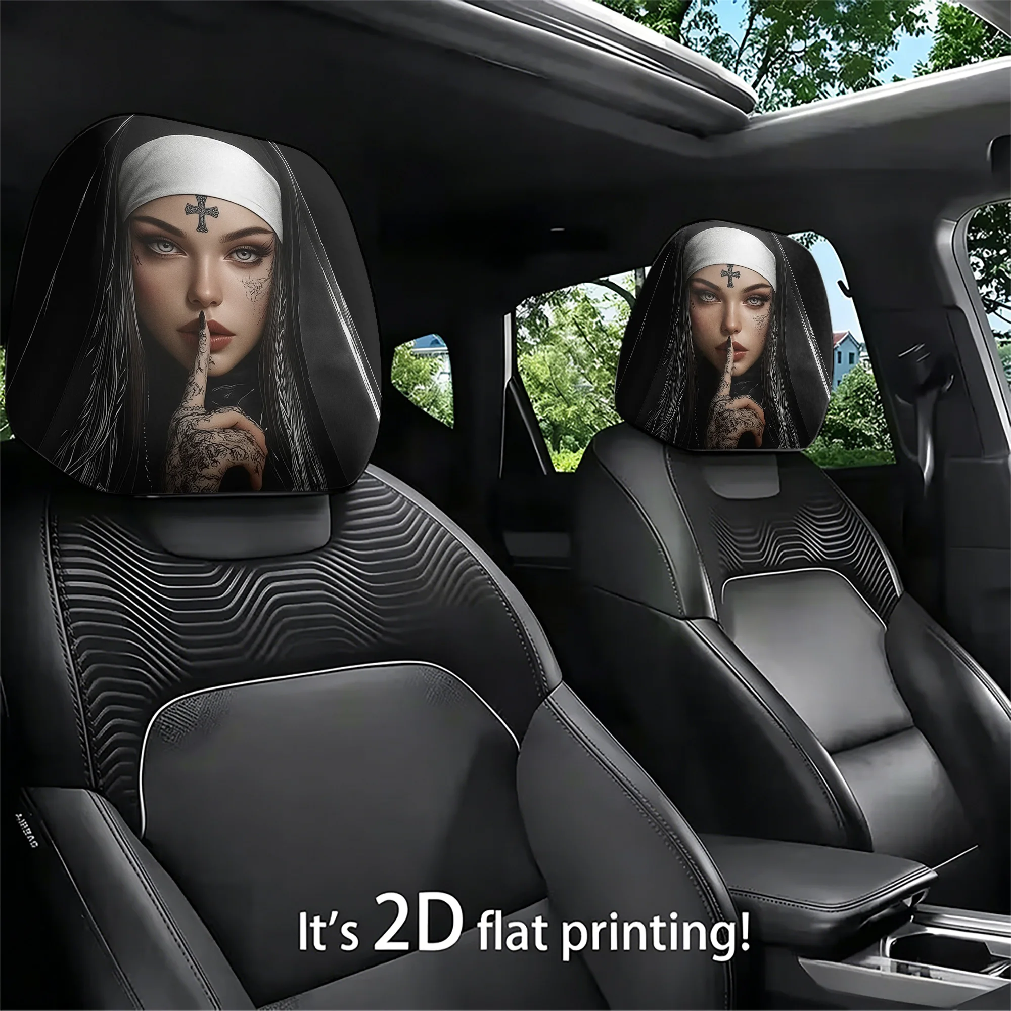 2pcs set of car headrest covers featuring a nun design, adding a unique charm to your car’s interior. Does not include stuffing.