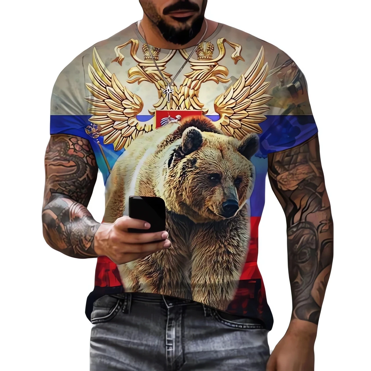 Russia Bear T-Shirts Russian Flag Emblem 3D Print Men Cool Fashion Oversized Short Sleeve T Shir Clothing