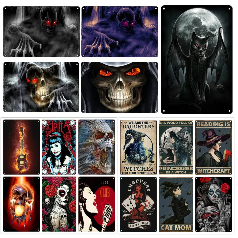 Halloween Schild Thema Horror Fright Metall Poster Rotes Auge Skelett Ghostklaue Vintage Plakette Hexe Schwarze Katze Poker