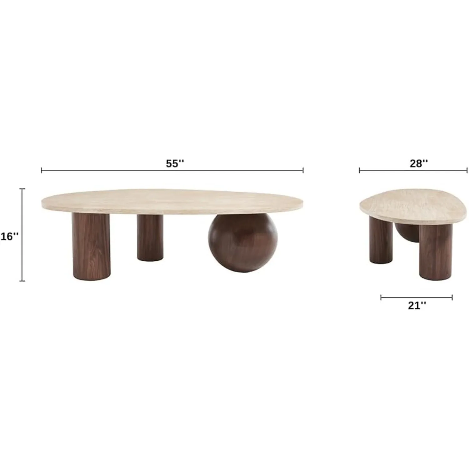 55'' Modern Oval Wood Coffee Table for Living Room, 3 Walnut Accent Legs