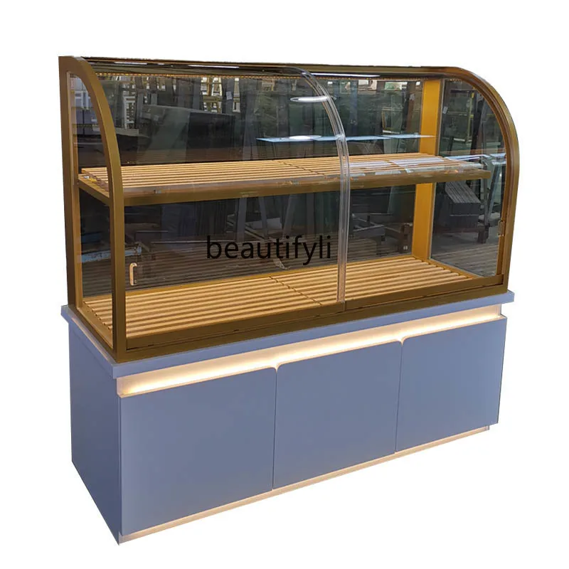 

Side Cabinet Bread Cabinet Titanium Plated Stainless Steel Circular Arc Zhongdao Cake Model Cabinet Glass Display