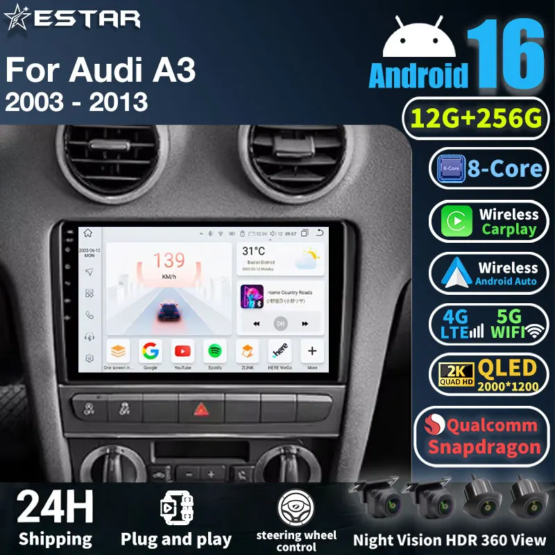 Android 16 2K QLED For Audi A3 2 8P 2003-2013 S3 2 2006-2012 RS3 Android Car Radio Multimedia Video Player GPS Stereo CarPlay 4G