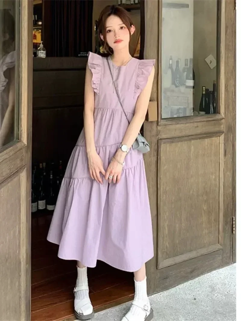 Verão novo pequeno vestido de mangas voadoras feminino design doce fino fada estilo francês vestido longo sólido adorável em camadas moda