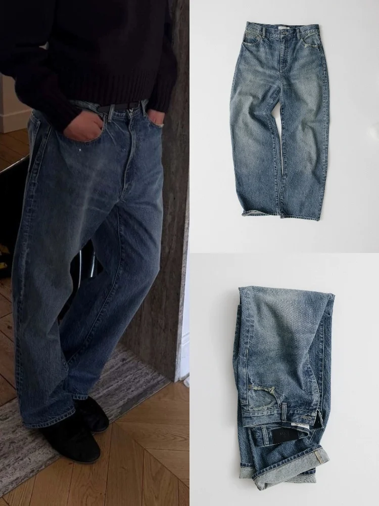 

Выцветшие синие прямые джинсы в стиле ретро с высокой талией, утягивающие свободные длинные брюки для женщин, осенний сезон, женские джинсы