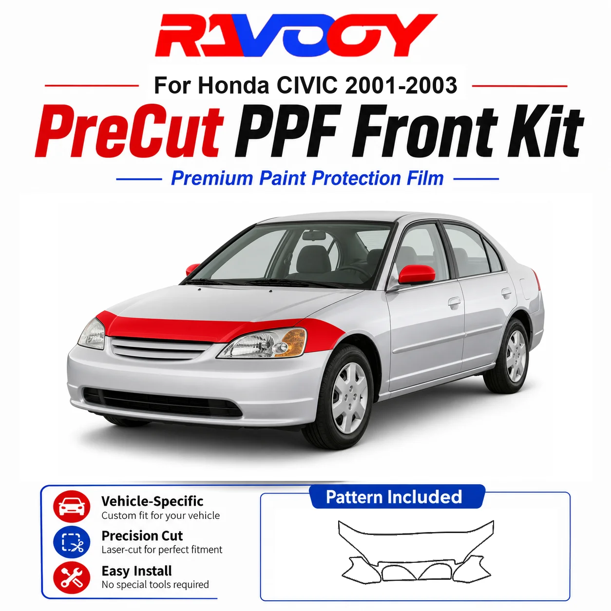 

8.5mil TPU Precut PPF Kit For Honda CIVIC 2001-2003 - Hood, Fenders & Mirror Set - Self-Healing Clear Bra Film