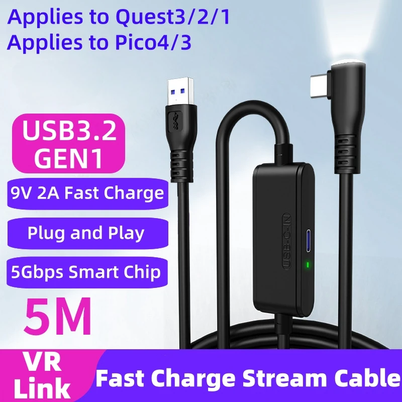 

USB3.2 Gen1 VR Link Cable for Oculus Quest 3 2 1/PICO Neo 3/PICO 4 Fast Charge 9V 2A Cable 5Gbps USB-C Data Cord VR Stream Line