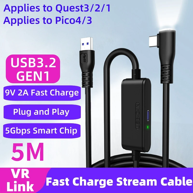 USB3.2 Gen1 VR Link Cable for Oculus Quest 3S 3 2/PICO Neo 3/PICO 4 Fast Charge 9V 2A Cable 5Gbps USB-C Data Cord VR Stream Line 