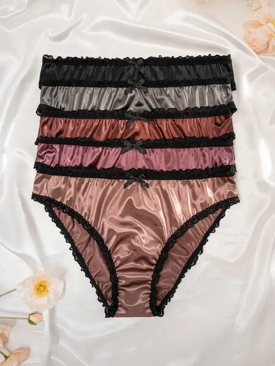 

5pcs Satin Lace Womens Comfortable Panties With Bow Decoration