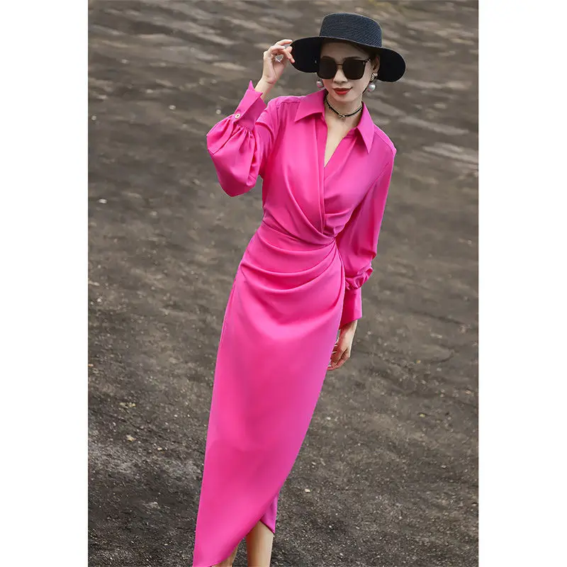 2025 ฤดูใบไม้ร่วงสไตล์ใหม่การเดินทางเรียบง่ายสลิมเสื้อกระโปรงชุดเดรสแขนยาวสําหรับผู้หญิง