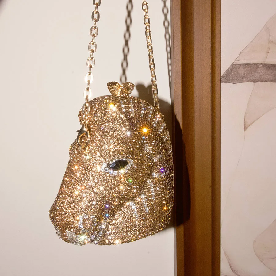 Luxury Full Diamond Horse Head Clutch Bag, Champagne Gold Tone Shiny Unique Niche Design Messenger Bag