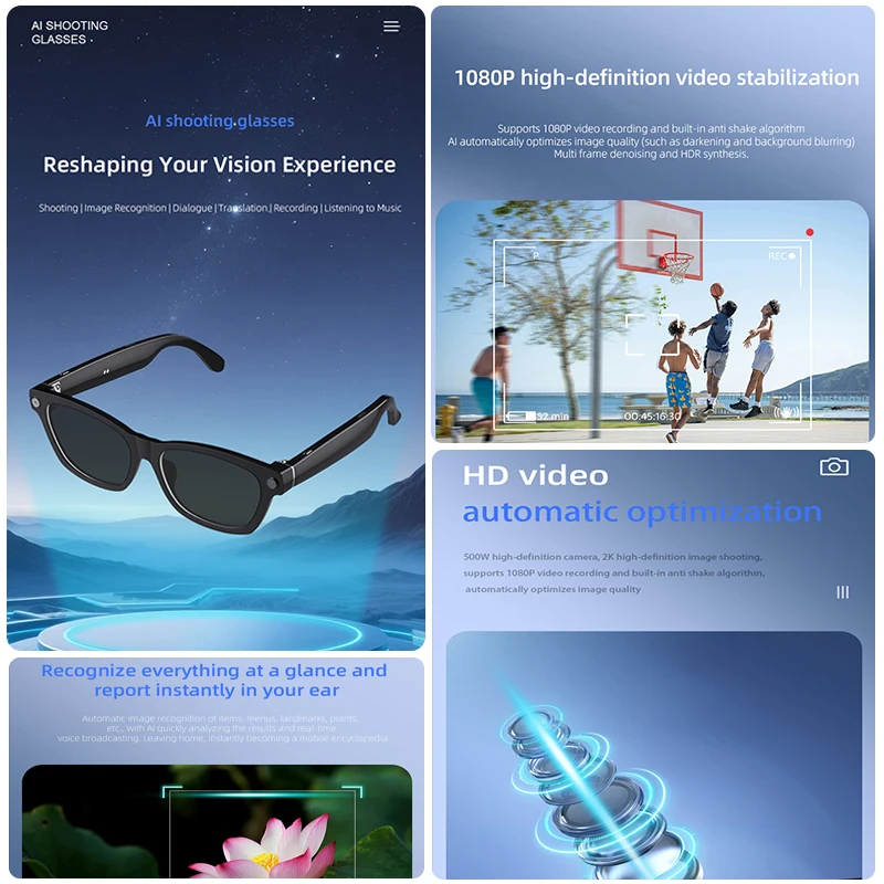 AI Smart Glasses object recognition Real-Time Translation Voice Assistant Noise Reduction APP Built-in storage Smart Glasses