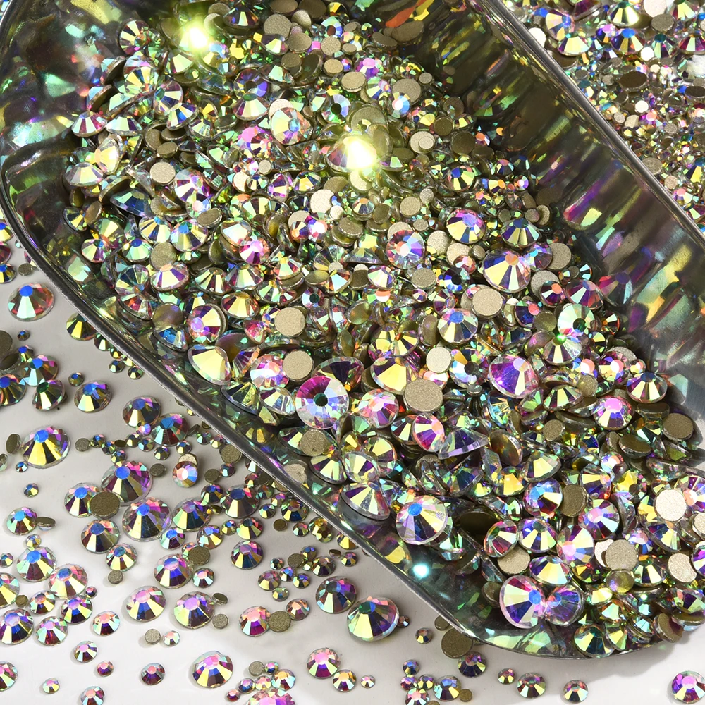 Oleeya Glitzerkristall AB Goldbasis Nicht Hot Fix Strasssteine SS3-SS50 FlatBack Strass Nähen Stoff Kleidungsstück Nail Art Dekorationen – Detail 2