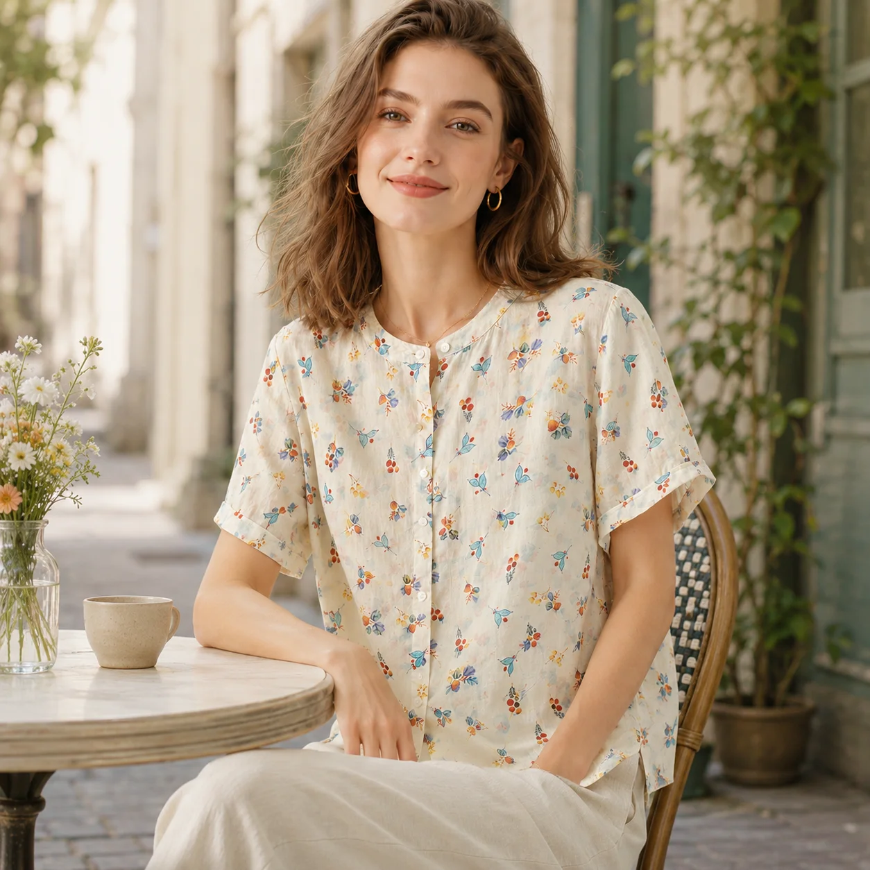 EOENKKY Women Floral Print Cotton Linen Blouse Short Sleeve Button Front Shirt Loose Fit Round Neck Summer Casual Vintage Tops 6