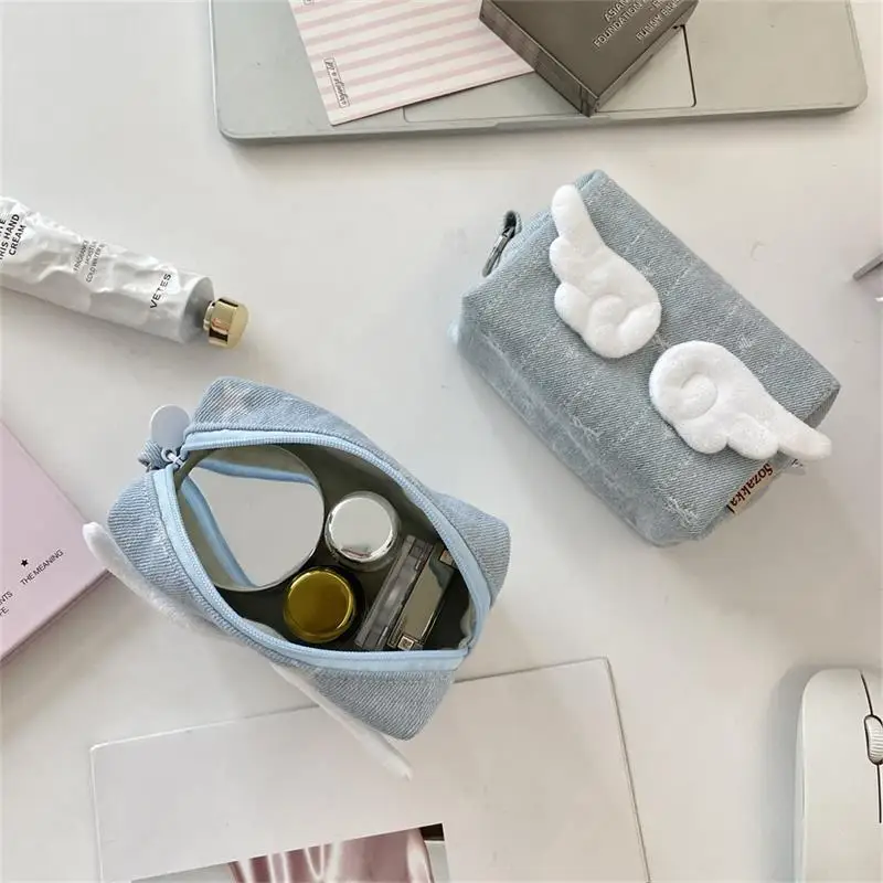 

Sweet Angel Wing Star Women's Denim Cosmetic Bag Coin Purse Headphone Bag Large Capacity Travel Small Item Storage Bag Girl Gift