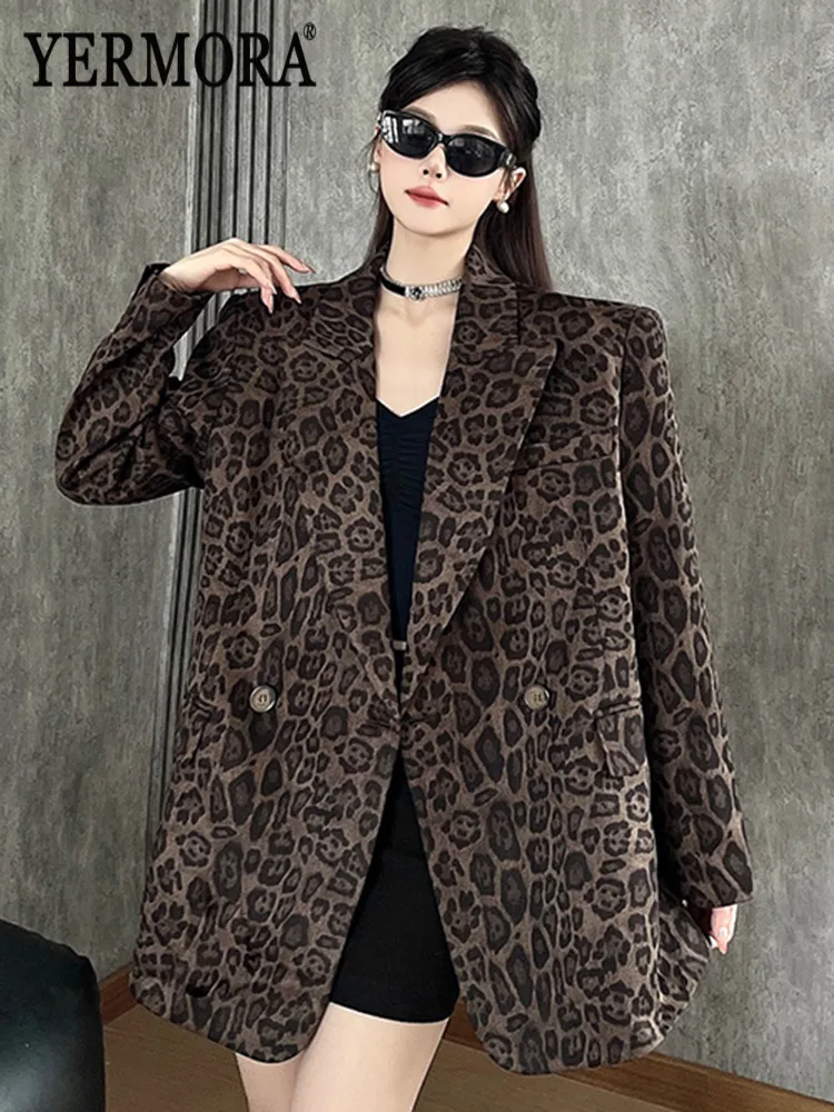 

YERMORA Leopard Button Pocket Casual Blazer For Women Lapel Long Sleeve Loose New Jacket Fashion Tide Spring Autumn 2025