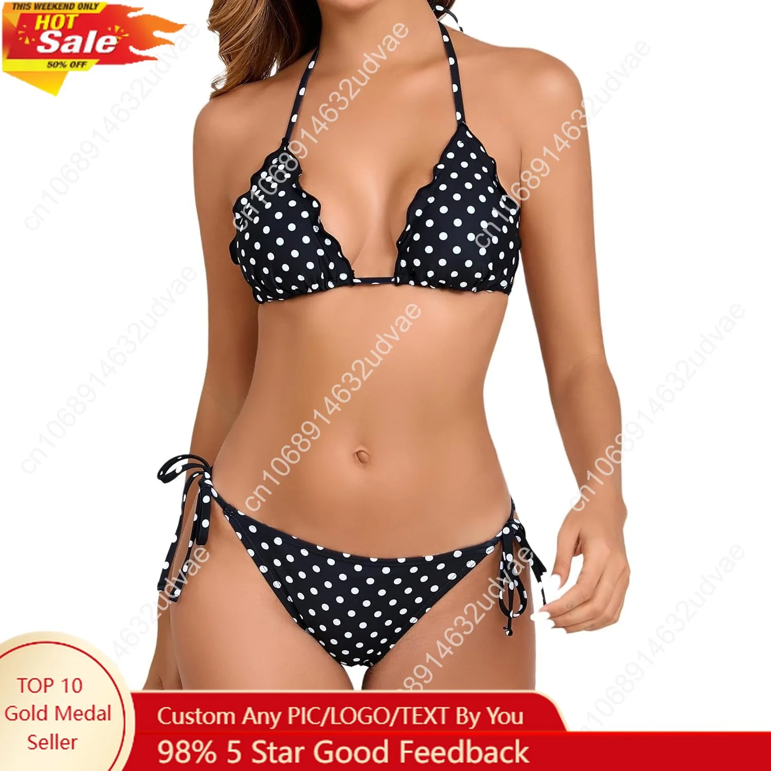 

Women's Ruffled Flounce Halter String Triangle Bikini Sets Removable Bra Tie Side Two Piece Sexy Swimsuit