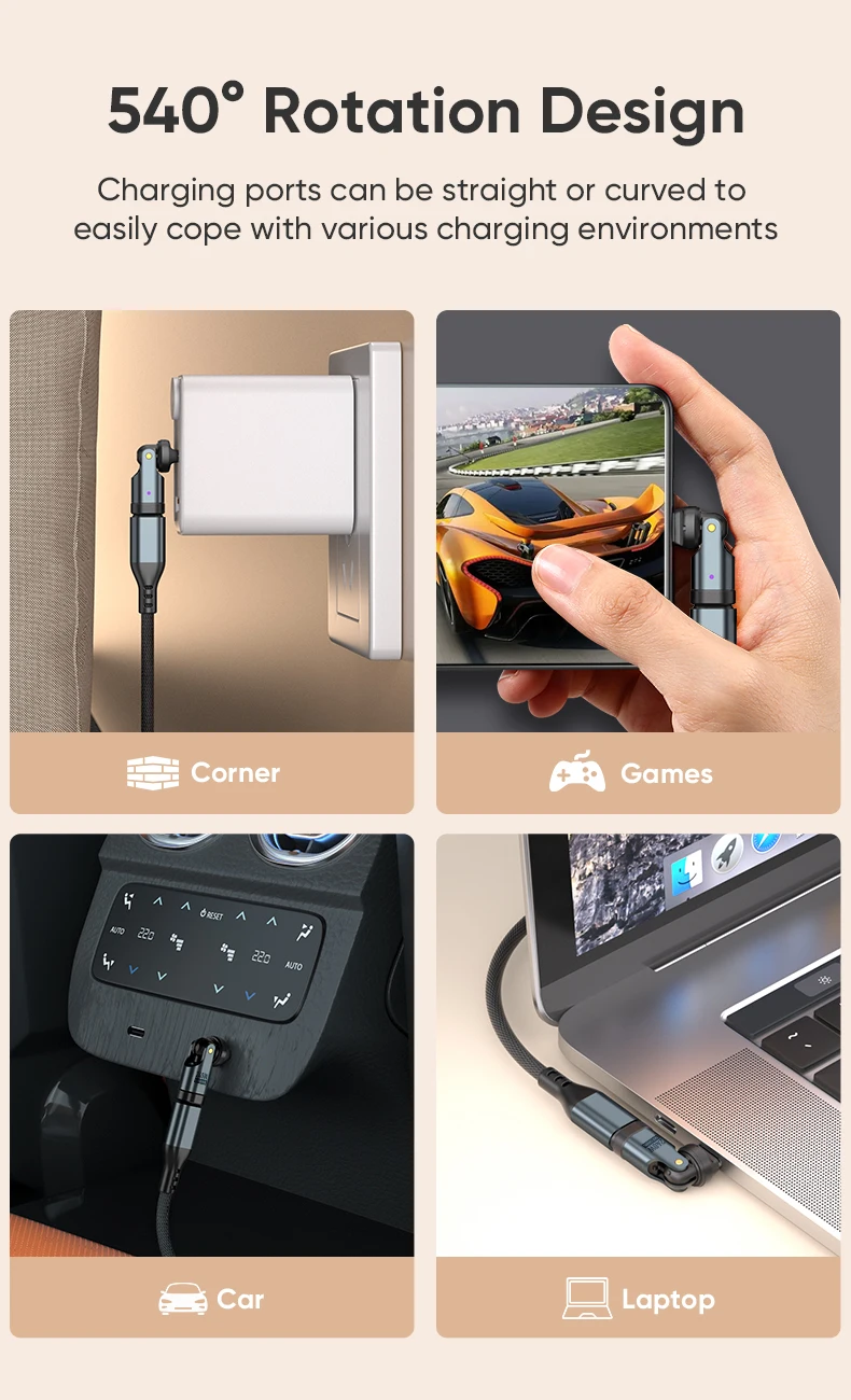 AUFU PD240W OTG USB C to Type C Adapter 540 Rotation Type-C Male to Female Converter for Macbook Xiaomi Samsung OTG Connector
