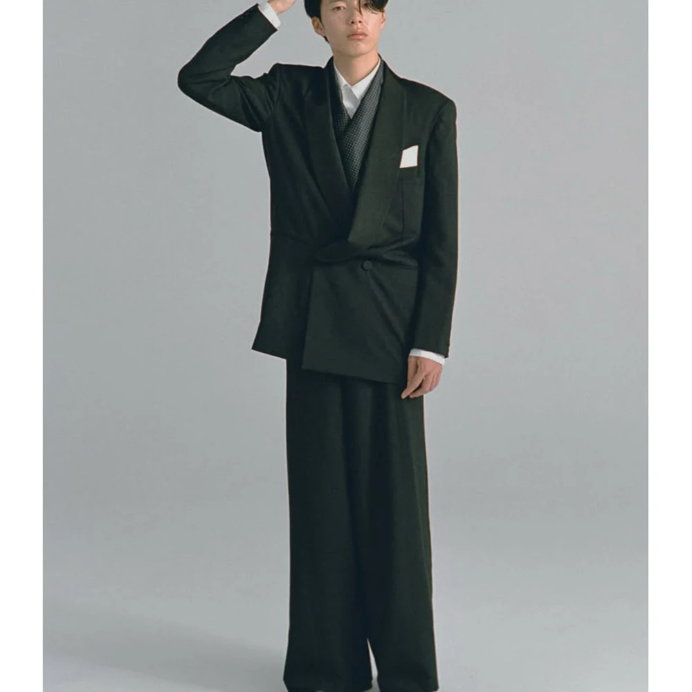 

Black Men's Fashion Buisness Suit 2 Piece Jacket Pant Sets Double-Breasted Shawl Lapel Loose Male Casual Office Widding Clothing